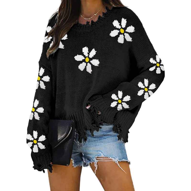     Black-Womens-Knit-Floral-Print-Sweater-Crewneck-Long-Sleeve-Lightweight-Pullover-Sweatshirt-K208