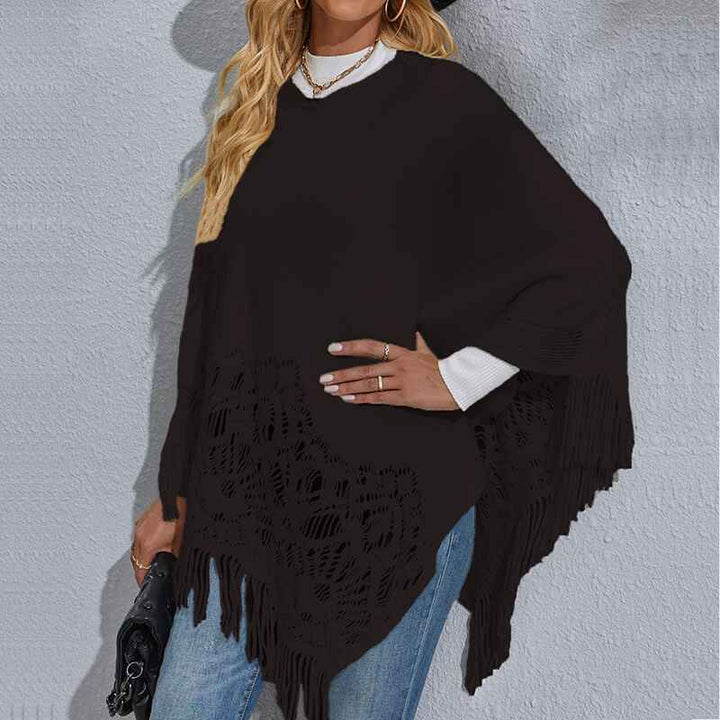 Black-Womens-Knitted-Tassel-Shawl-Asymmetric-Hem-Poncho-Fringed-Pullover-Sweater-Solid-Color-Cowl-Neck-Top-Coat-Wrap-Cape-K306