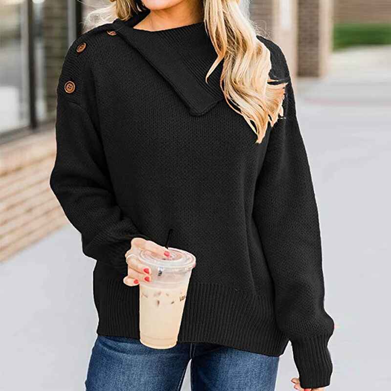     Black-Womens-Long-Sleeve-Button-Up-Drop-Shoulder-Sweaters-FallOversized-Slit-Side-Knit-Pullover-Sweater-K053