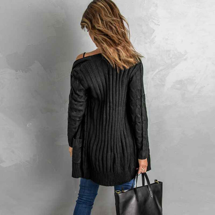Black-Womens-Long-Sleeve-Cable-Knit-Button-Down-Midi-Long-Cardigan-Sweater-Open-Front-Chunky-Knitwear-Coat-with-Pockets-K100-Back