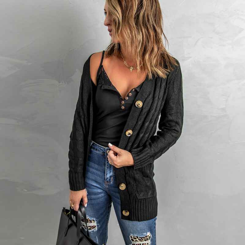 Black-Womens-Long-Sleeve-Cable-Knit-Button-Down-Midi-Long-Cardigan-Sweater-Open-Front-Chunky-Knitwear-Coat-with-Pockets-K100-Front