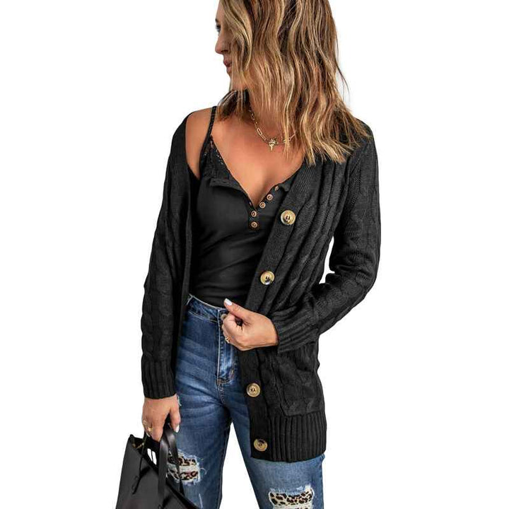 Black-Womens-Long-Sleeve-Cable-Knit-Button-Down-Midi-Long-Cardigan-Sweater-Open-Front-Chunky-Knitwear-Coat-with-Pockets-K100