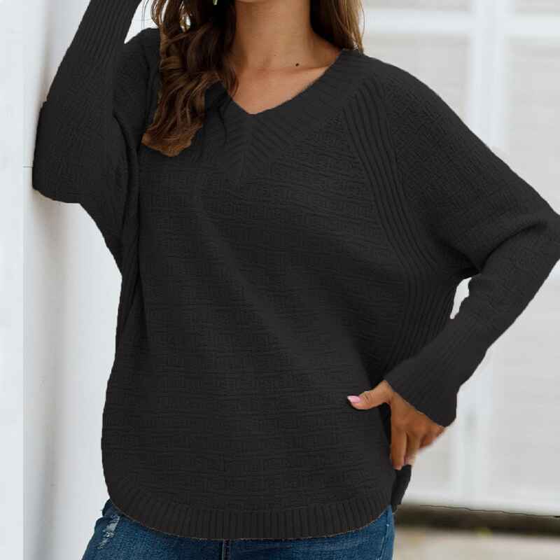 Black-Womens-Long-Sleeve-Knit-Sweater-Side-Button-Pullover-V-Neck-Mid-Length-Tunic-Jumper-Sweater-K364