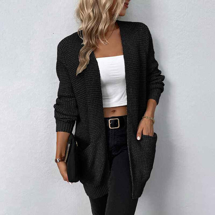 Black-Womens-Long-Sleeve-Open-Front-Waffle-Chunky-Knit-Cardigan-Sweater-Outwear-with-Pockets-K408