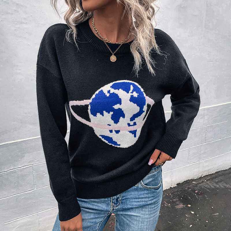 Black-Womens-Long-Sleeve-Sweatshirt-the-planet-Graphic-Print-Pullover-Shirt-Top-K476
