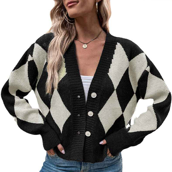 Black-Womens-Long-Sleeve-V-Neck-Argyle-Knitted-Crop-Sweater-Pullover-Tops-Button-Up-Crop-Cardigan-K402