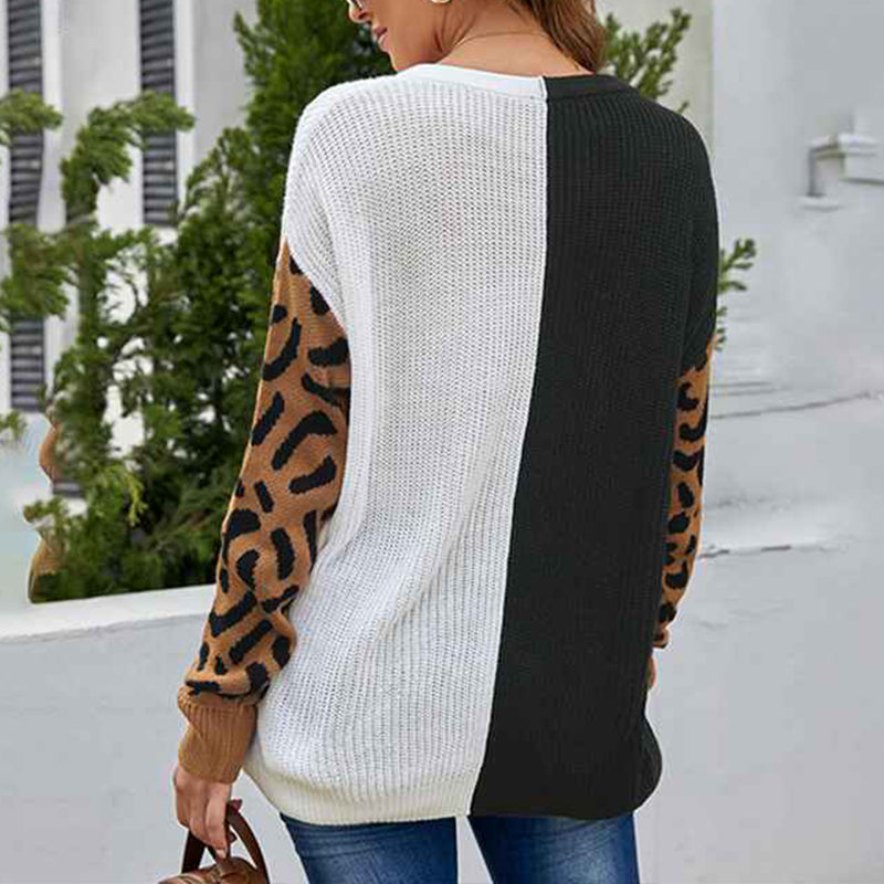 Black-Womens-Long-Sleeve-V-Neck-Color-Block-Leopard-Knit-Pullover-Sweater-Tops-Winter-Jumper-Tops-K172-Back