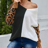 Black-Womens-Long-Sleeve-V-Neck-Color-Block-Leopard-Knit-Pullover-Sweater-Tops-Winter-Jumper-Tops-K172