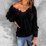 Black-Womens-Long-Sleeve-V-Neck-Hollow-Out-Lace-Patchwork-Ribbed-Kint-Pullover-Sweaters-Tops-K164