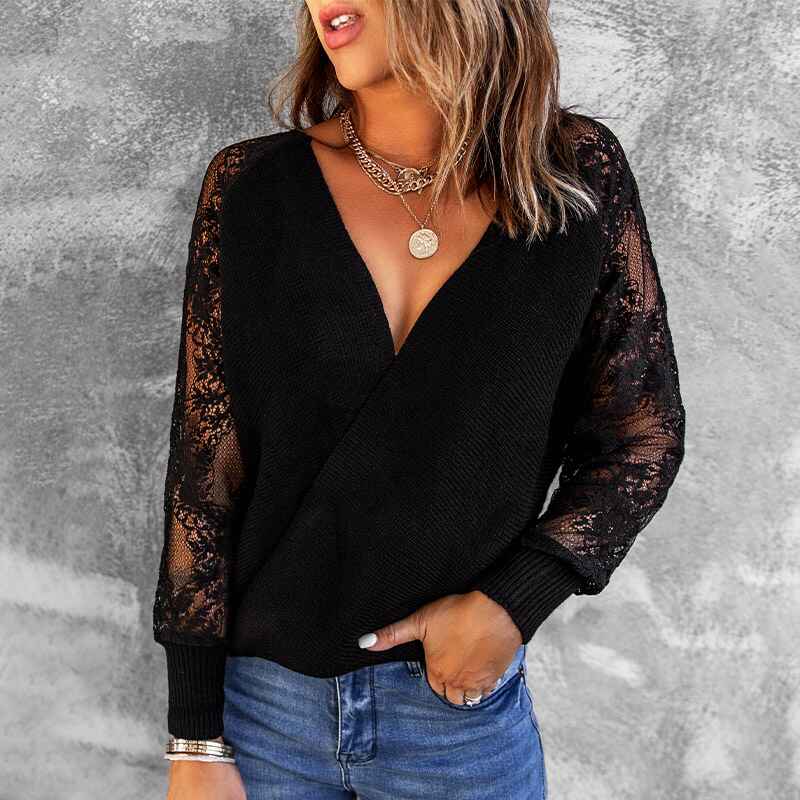 Black-Womens-Long-Sleeve-V-Neck-Lace-Patchwork-Solid-Color-Ribbed-Knit-Pullover-Sweater-Tops-K165-Front
