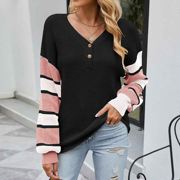 Black-Womens-Long-Sleeve-V-Neck-Ribbed-Button-Knit-Sweater-Color-Matching-Tops-K443