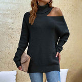 Black-Womens-Loose-Warm-Off-Shoulder-Turtleneck-Lightweight-Soft-Pullover-Cutout-Long-Sleeve-Jumper-Sweaters-K455