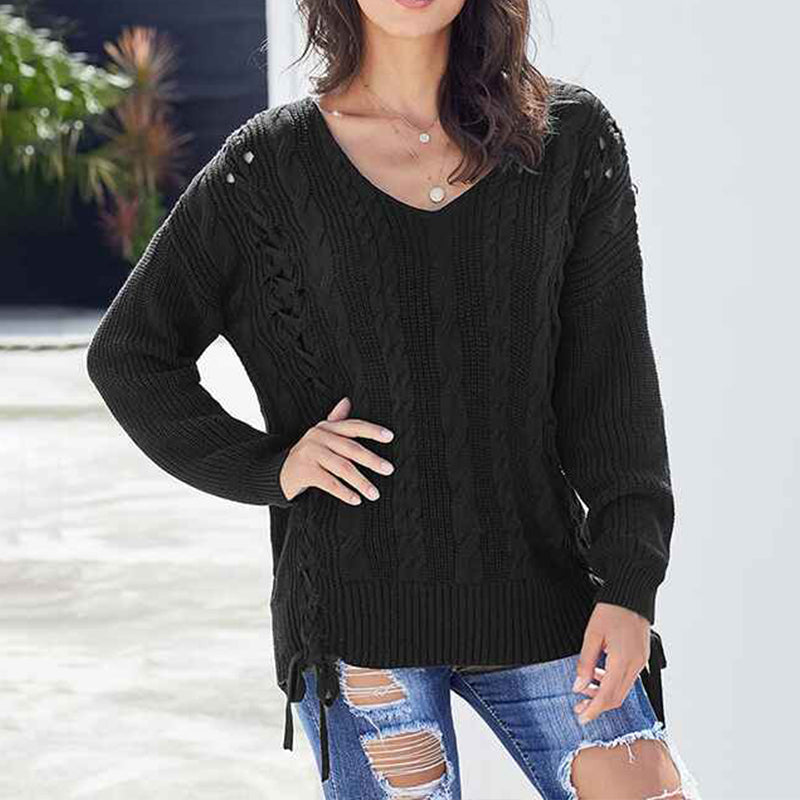     Black-Womens-Off-Shoulder-Long-Sleeve-V-Neck-Ribbed-Cable-Pullover-Sweaters-Loose-Fitting-Jumper-Tops-K181-Front