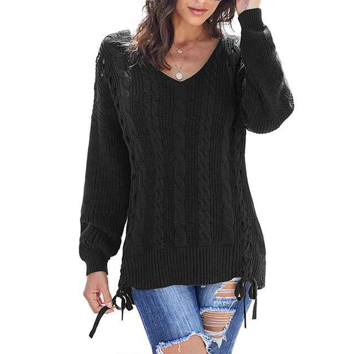     Black-Womens-Off-Shoulder-Long-Sleeve-V-Neck-Ribbed-Cable-Pullover-Sweaters-Loose-Fitting-Jumper-Tops-K181