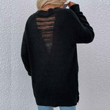 Black-Womens-Off-Shoulder-Ragged-Sweater-Fringe-Tassel-Frayed-Hem-V-Neck-Long-Sleeve-Oversized-Knitted-Pullover-Jumper-K365-Back