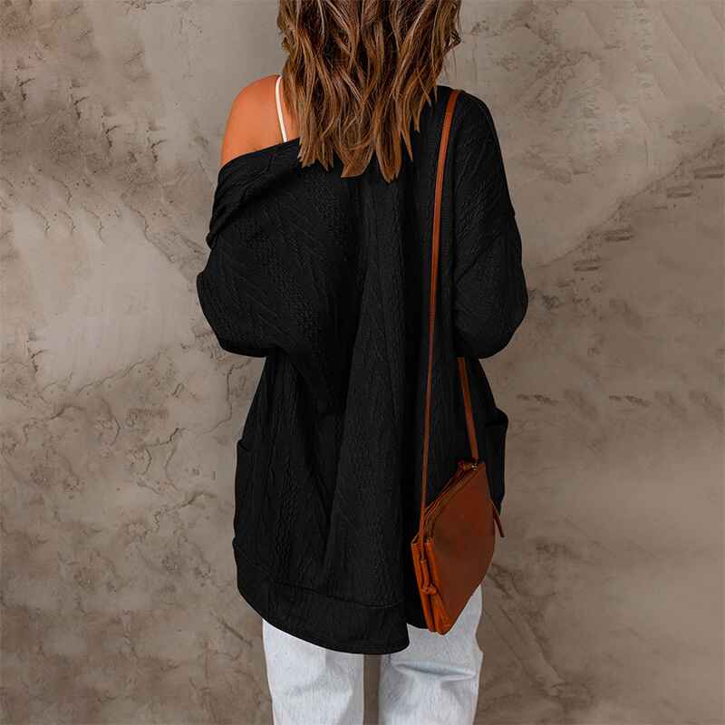 Black-Womens-Open-Front-Casual-Knit-Cardigan-Classic-Long-Sleeve-Sweater-Coat-K101-Back