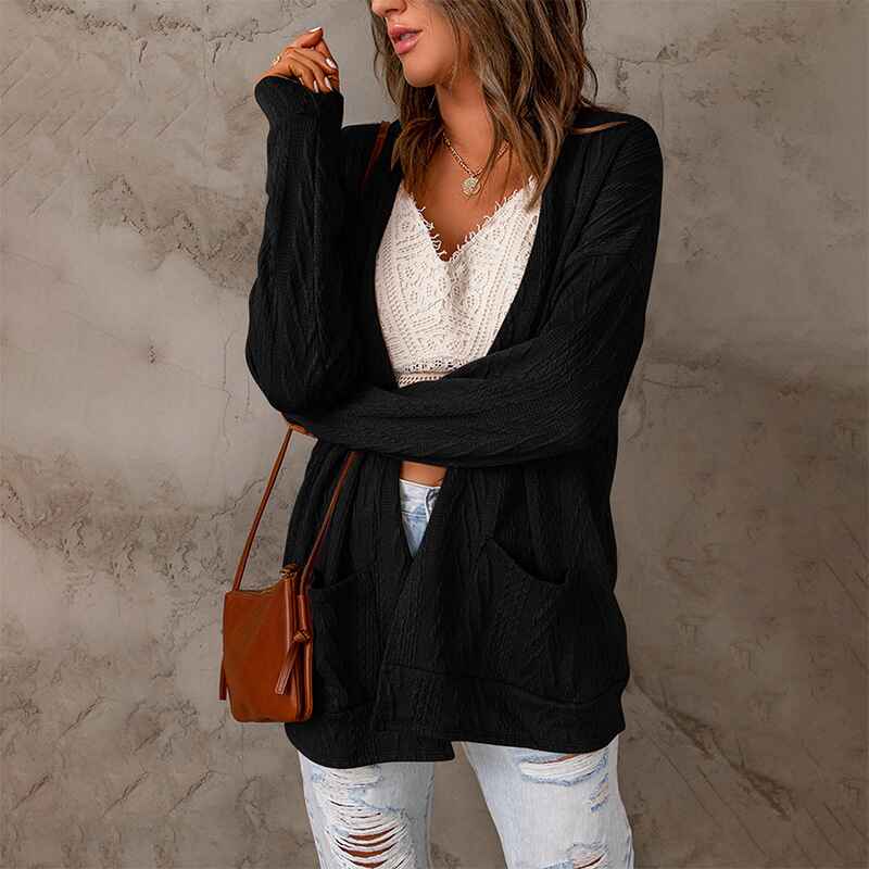 Black-Womens-Open-Front-Casual-Knit-Cardigan-Classic-Long-Sleeve-Sweater-Coat-K101-Front