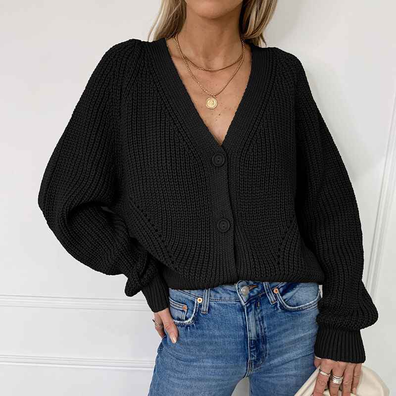 Black-Womens-Open-Front-Chunky-Knit-Sweater-Oversized-Lantern-Sleeve-Cardigan-Outwear-K069