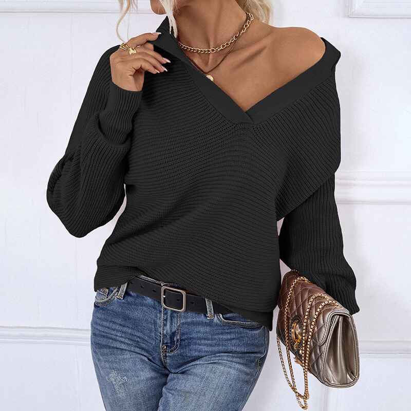 Black-Womens-Overized-Puff-Long-Sleeve-V-Neck-Knitted-Polo-Pullover-Sweater-Jumper-Tops-K452