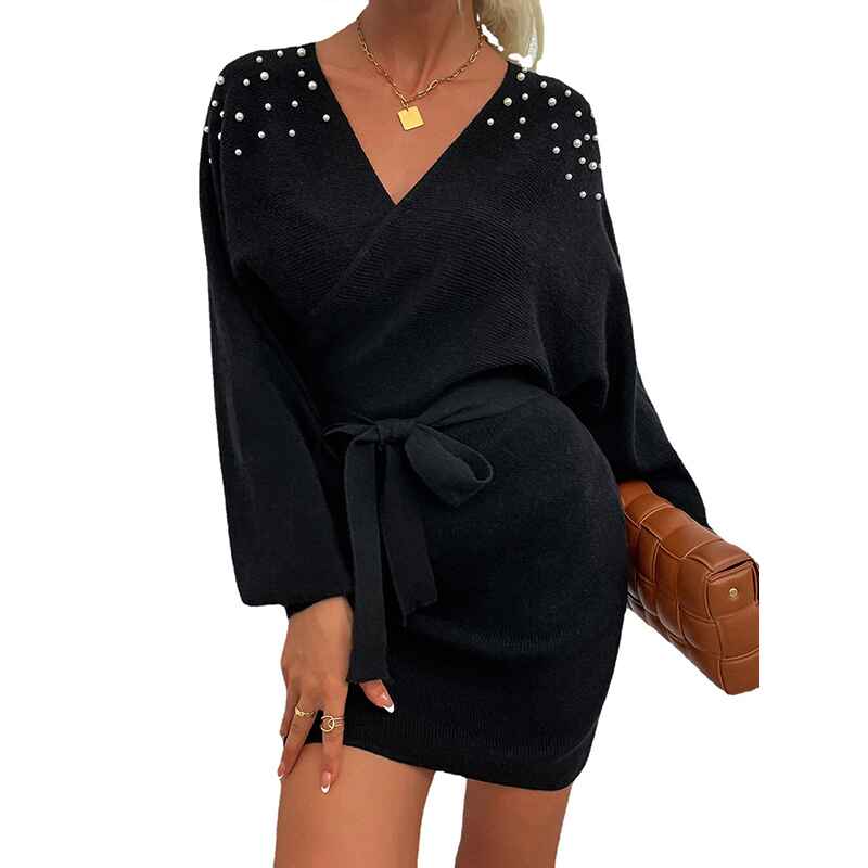 Black-Womens-Sexy-Cocktail-Batwing-Long-Sleeve-Backless-Mock-Wrap-Knit-Sweater-Mini-Dress-K299