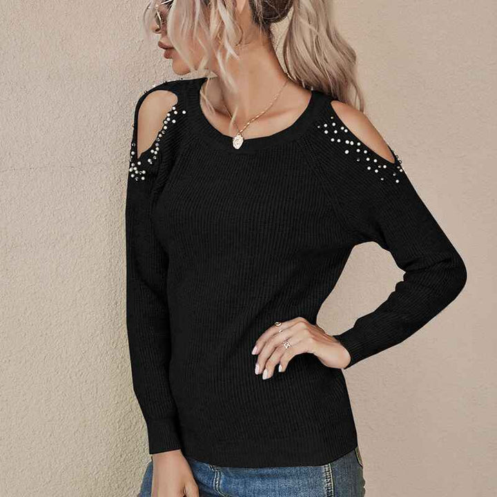   Black-Womens-Sexy-Off-Shoulder-Long-Sleeve-Winter-Sweaters-Casual-Pullover-Solid-Loose-Knit-Jumper-Fall-Tunic-Tops-K340-Front