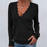 Black-Womens-Solid-Color-Lace-Trim-Criss-Cross-Wrap-V-Neck-Long-Sleeve-Sweater-Pullover-Top-K303