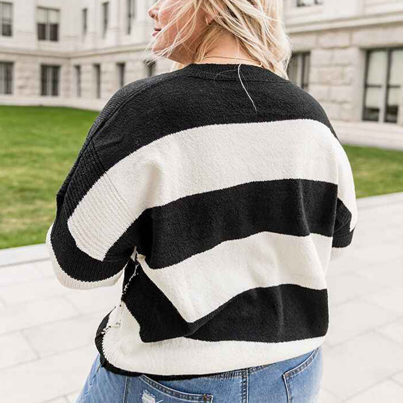 Black-Womens-Stripe-Sweater-V-Neck-Long-Sleeve-Color-Block-Knit-Top-Casual-Knit-Sweater-K159-Back