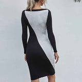     Black-Womens-Sweater-Bodycon-Dress-Colorblock-Striped-Long-Sleeve-Slim-Fit-Knit-Sweater-Dress-K352-Back