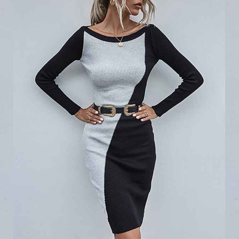 Black-Womens-Sweater-Bodycon-Dress-Colorblock-Striped-Long-Sleeve-Slim-Fit-Knit-Sweater-Dress-K352