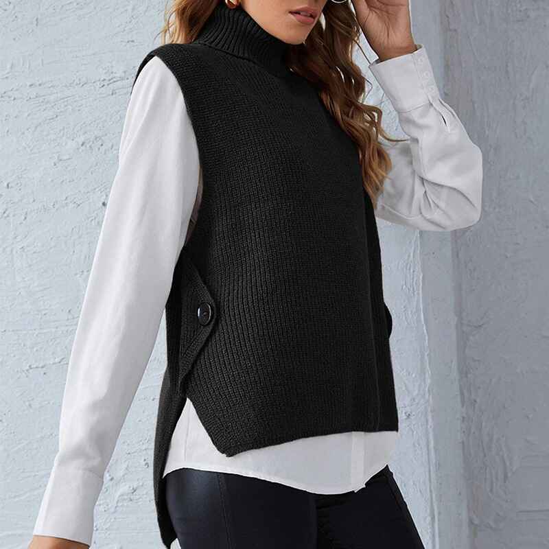 Black-Womens-Sweater-Vest-Cable-Knit-Turtleneck-High-Neck-Sleeveless-Pullover-Tank-Top-K015