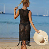 Black-Womens-Tassel-Crochet-Bikini-Cover-Up-Swimsuit-Bathing-Suit-Beach-Dress-Back