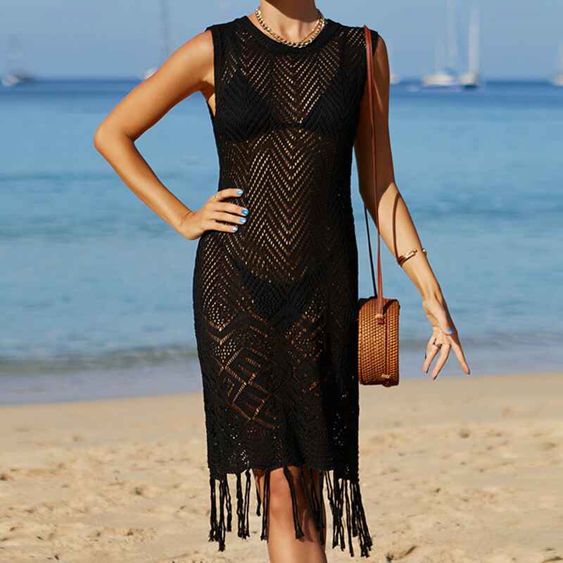 Black-Womens-Tassel-Crochet-Bikini-Cover-Up-Swimsuit-Bathing-Suit-Beach-Dress