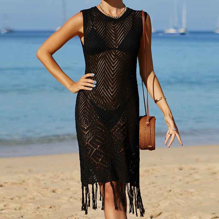 Black-Womens-Tassel-Crochet-Bikini-Cover-Up-Swimsuit-Bathing-Suit-Beach-Dress