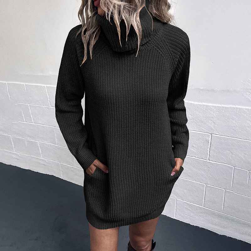 Black-Womens-Turtleneck-Long-Sleeve-Knit-Pullover-Sweater-Bodycon-Mini-Dress-K448