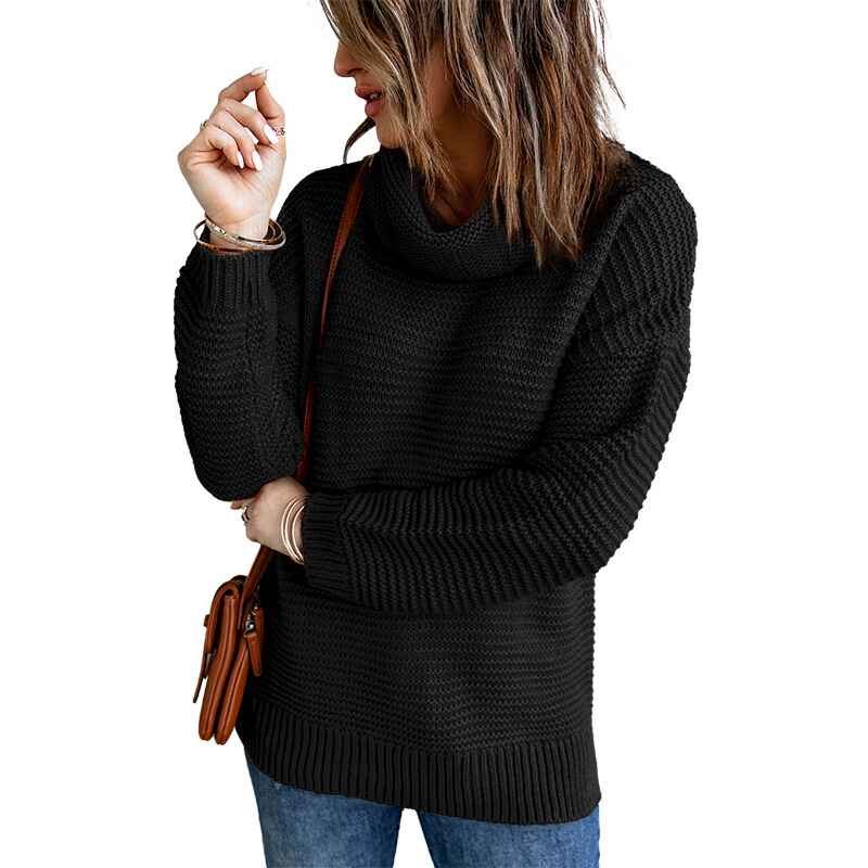 Black-Womens-Turtleneck-Long-Sleeve-Knitted-Pullover-Sweater-Chunky-Warm-Pullover-Sweater-K207
