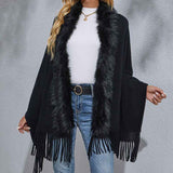 Black-Womens-V-Cut-Reversible-Tassel-Knitted-Large-Poncho-Capes-Wrap-Shawl-K292-Front-2