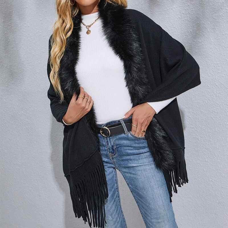 Black-Womens-V-Cut-Reversible-Tassel-Knitted-Large-Poncho-Capes-Wrap-Shawl-K292-Front