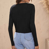 Black-Womens-V-Neck-Round-Neck-Long-Sleeve-Button-Down-Classic-Knit-Cardigan-Sweater-K343-Back