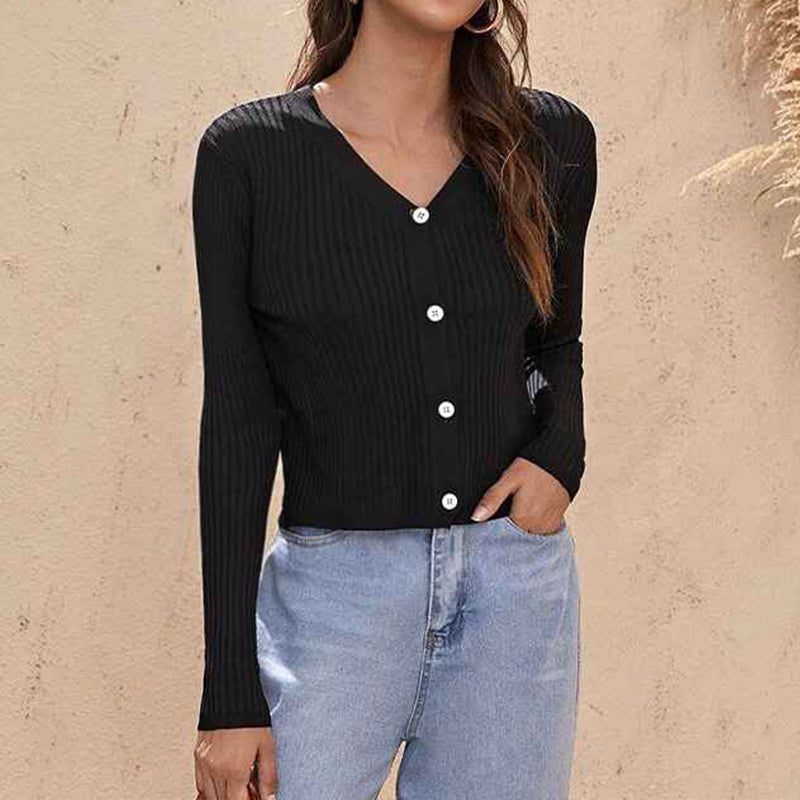 Black-Womens-V-Neck-Round-Neck-Long-Sleeve-Button-Down-Classic-Knit-Cardigan-Sweater-K343-Front