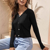 Black-Womens-V-Neck-Round-Neck-Long-Sleeve-Button-Down-Classic-Knit-Cardigan-Sweater-K343-Side