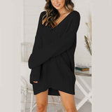 Black-Womens-V-neck-long-sleeve-solid-color-loose-knitted-dress-K047