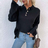     Black-Womens-Waffle-Knit-V-Neck-Sweater-Casual-Long-Sleeve-Side-Slit-Button-Henley-Pullover-Jumper-Top-K412