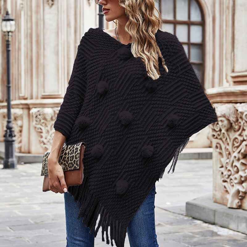 Black-Womens-Winter-Vintage-Poncho-Capes-Tassel-Blanket-Shawl-Wrap-Cardigan-Coat-K322