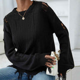    Black-Womens-solid-color-Sweater-Ripped-Long-Sleeve-Round-Neck-Knitwear-Pullover-Tops-K387-Front-2