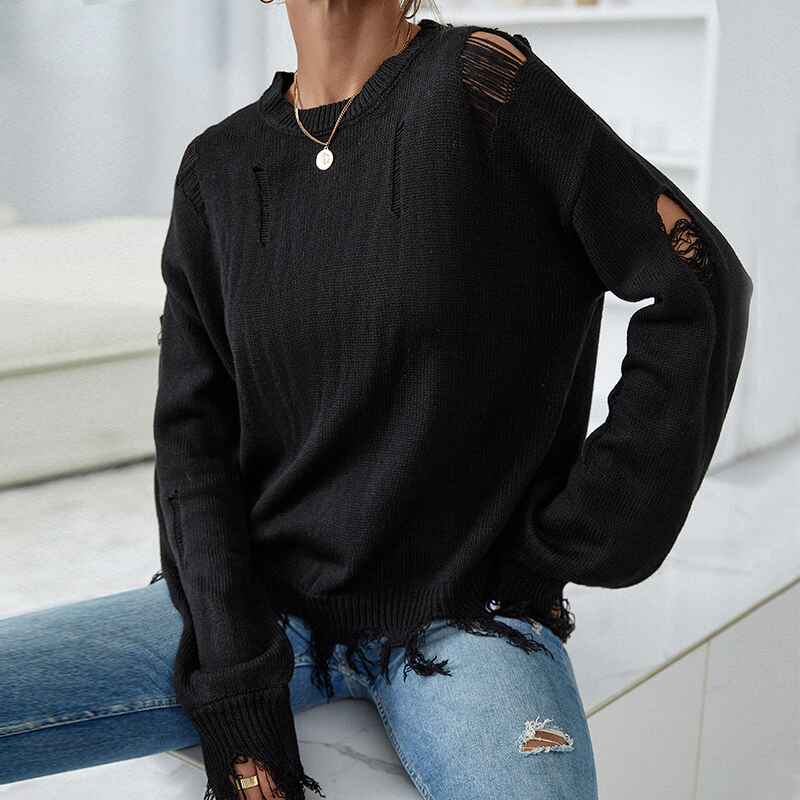 Black-Womens-solid-color-Sweater-Ripped-Long-Sleeve-Round-Neck-Knitwear-Pullover-Tops-K387-Front
