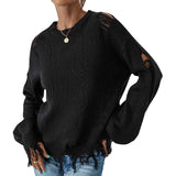 Black-Womens-solid-color-Sweater-Ripped-Long-Sleeve-Round-Neck-Knitwear-Pullover-Tops-K387