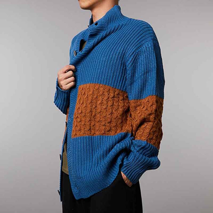 Blue-Mens-Cardigan-Sweater-Stand-Collar-Button-Down-Color-Block-Cable-Knitted-Chunky-Cardigans-G057