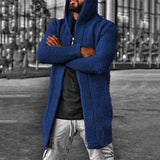 Blue-Mens-Chunky-Needle-Heavy-Mid-Length-Knitted-Cardigan-Sweater-Attached-Hood-G039