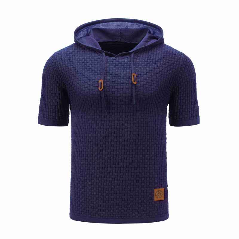    Blue-Mens-Hooded-Sweatshirt-Short-Sleeve-Solid-Knitted-Hoodie-Pullover-Sweater-G081-Front