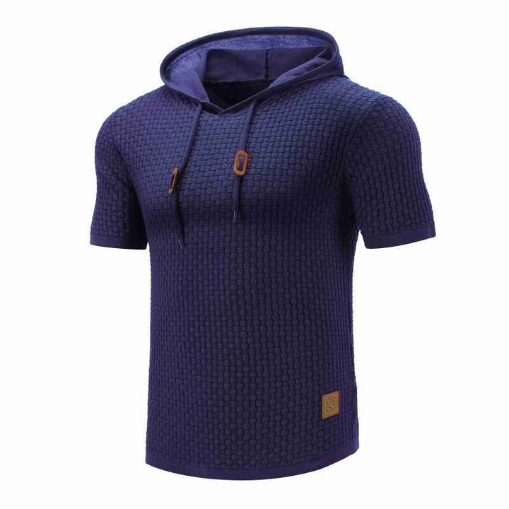 Blue-Mens-Hooded-Sweatshirt-Short-Sleeve-Solid-Knitted-Hoodie-Pullover-Sweater-G081-Side